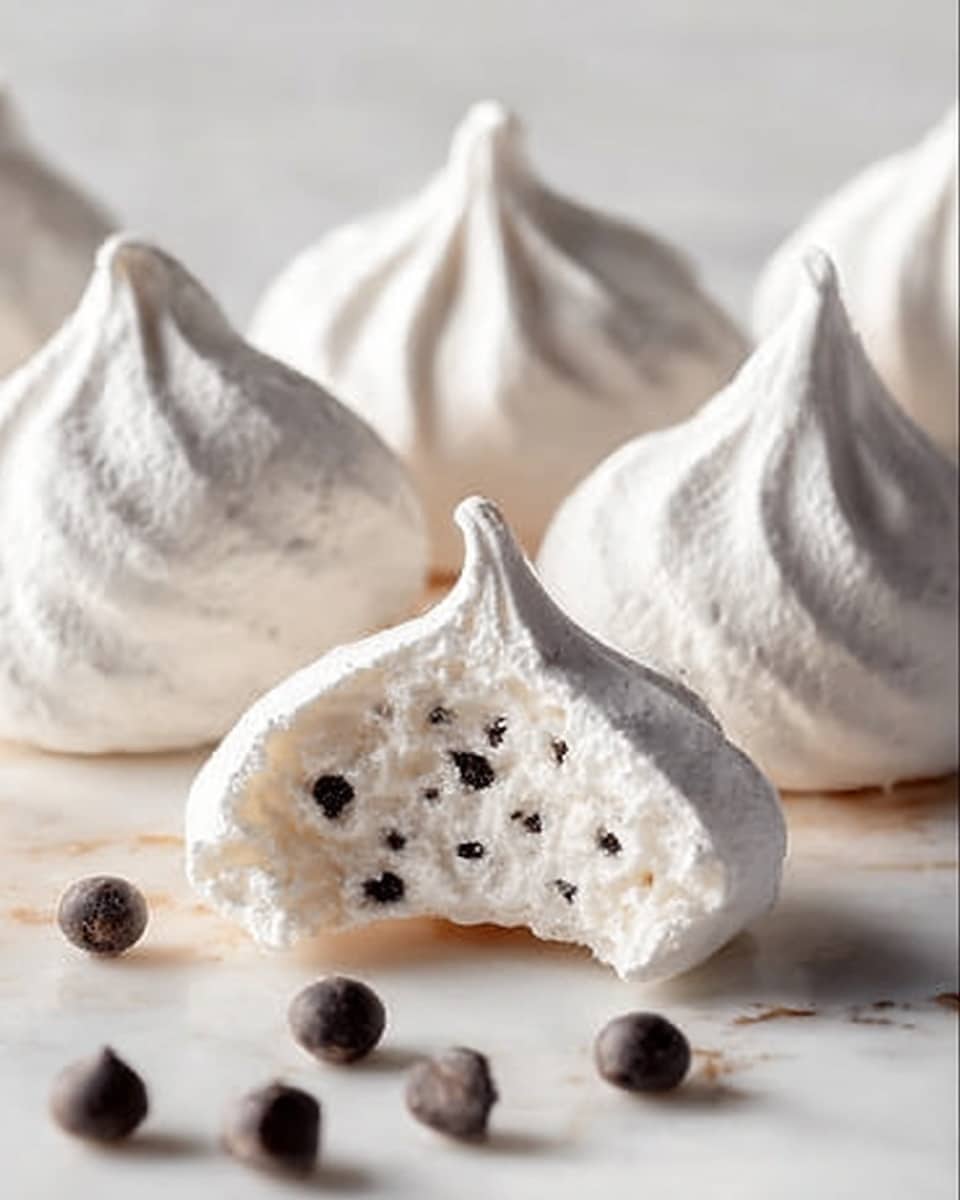 The image shows a close-up of several white, fluffy meringue cookies with a smooth, glossy surface and pointed peaks. One meringue is broken in half in the front center, revealing a light and airy inside dotted with small dark chocolate chips. Around the meringues, there are a few loose chocolate chips scattered on a white marbled surface. The soft light highlights the texture and slight shine on the meringues, making them look delicate and crisp on the outside but soft inside. Photo taken with an iphone --ar 4:5 --v 7
