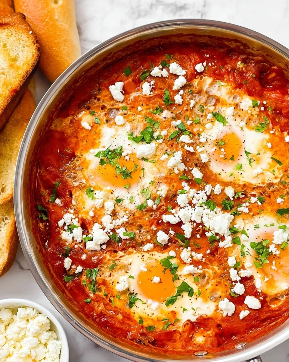 A close-up view of a cooked shakshuka dish in a silver pan placed on a white marbled surface. The dish has a bright red tomato sauce base spread evenly across the pan, with four eggs cracked in, their yellow yolks visible and edges set in the sauce. Crumbled white cheese is sprinkled generously over the top, with chopped green herbs adding color contrast. Around the pan, there is toasted bread and a small white bowl with some cheese or a side. The overall texture shows a mix of smooth sauce, soft egg whites, and crumbly cheese. Photo taken with an iphone --ar 4:5 --v 7