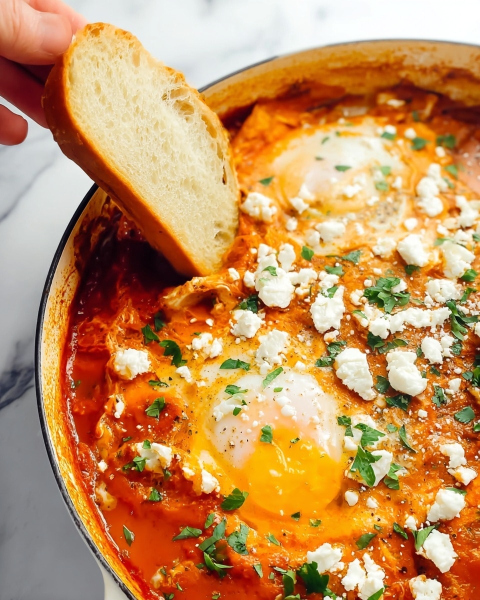 A close-up shot shows a white pan filled with a rich orange-red tomato sauce base, featuring two partly cooked eggs with glossy white and yellow yolks sitting on top. Crumbled white cheese and fresh chopped green herbs are scattered evenly over the sauce and eggs. In the top left, a woman's hand holds a toasted slice of bread, dipping it into the sauce, with the bread showing a light golden crust and airy texture. The dish is set against a white marbled surface. Photo taken with an iphone --ar 4:5 --v 7