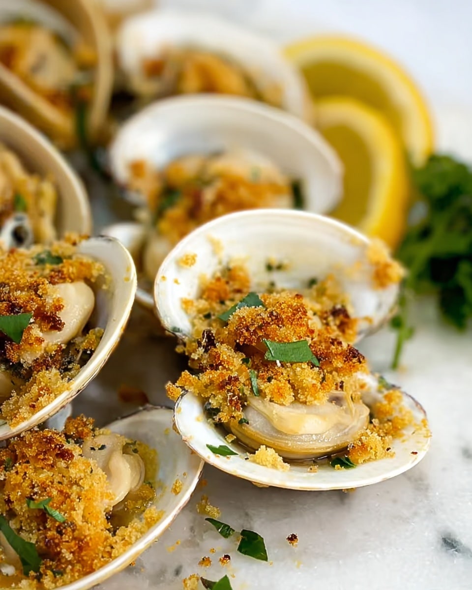 A white deep pan with a red handle holds about three dozen open clams cooked in a light broth; each clam shell is off-white with natural stripes, and many clams are topped with a crumbly golden breadcrumb mixture sprinkled with small green herb leaves. The broth inside the pan is pale and clear, with tiny bits of herbs resting on the shells and in the liquid. Around the pan on a white marbled surface are two glass bowls, one holding coarse yellow crumbs and the other filled with red chili flakes. Near the bowls are two lemon wedges and sprigs of green fresh herbs, arranged neatly. photo taken with an iphone --ar 4:5 --v 7