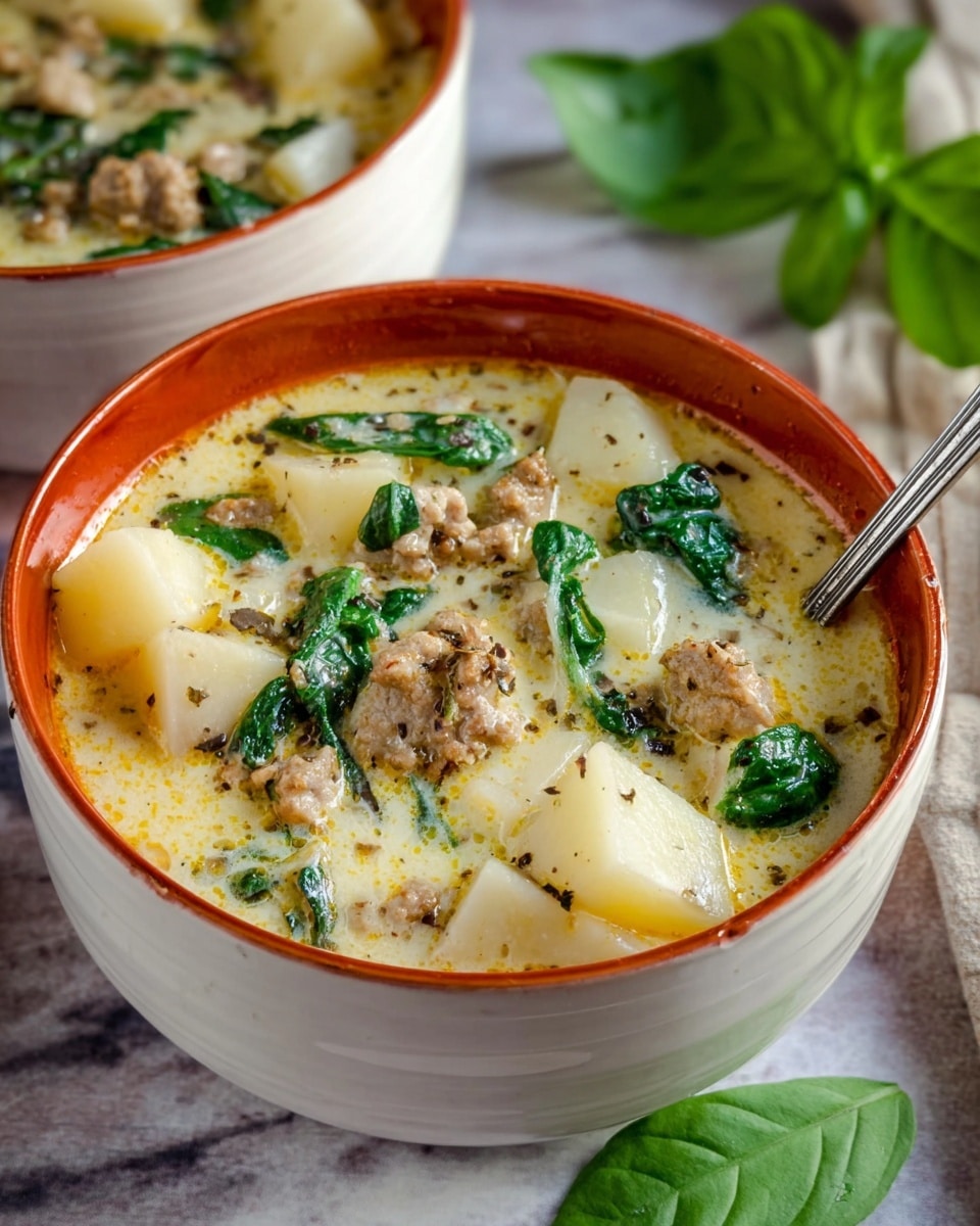 The image shows a close-up of a white bowl filled with creamy soup that has three main layers: a light yellow broth base with specks of herbs and spices, chunks of white potatoes scattered throughout, and green spinach leaves placed on top and mixed in. There are also small brownish pieces of ground meat sitting visibly in the soup. A silver spoon rests inside the bowl on the right side, and a green basil leaf lies next to the bowl on a white marbled surface. In the blurred background, part of a second bowl with the same soup is visible. photo taken with an iphone --ar 4:5 --v 7