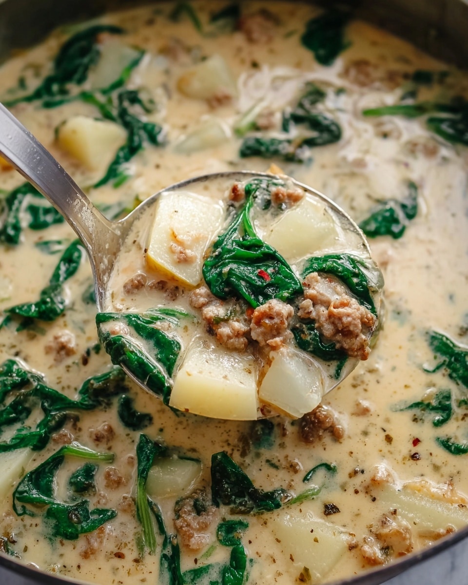 A close-up of a creamy soup in a pot, showing a thick light beige broth with visible specks of seasoning, mixed with bright dark green spinach leaves, small white potato chunks, and browned ground meat pieces. A metal ladle scoops a portion of the soup, clearly showing the layers of creamy broth, wilted spinach, tender potatoes, and browned meat bits inside it. The soft textures of the ingredients contrast with the smooth, creamy soup base. The scene is set against a white marbled texture. photo taken with an iphone --ar 4:5 --v 7