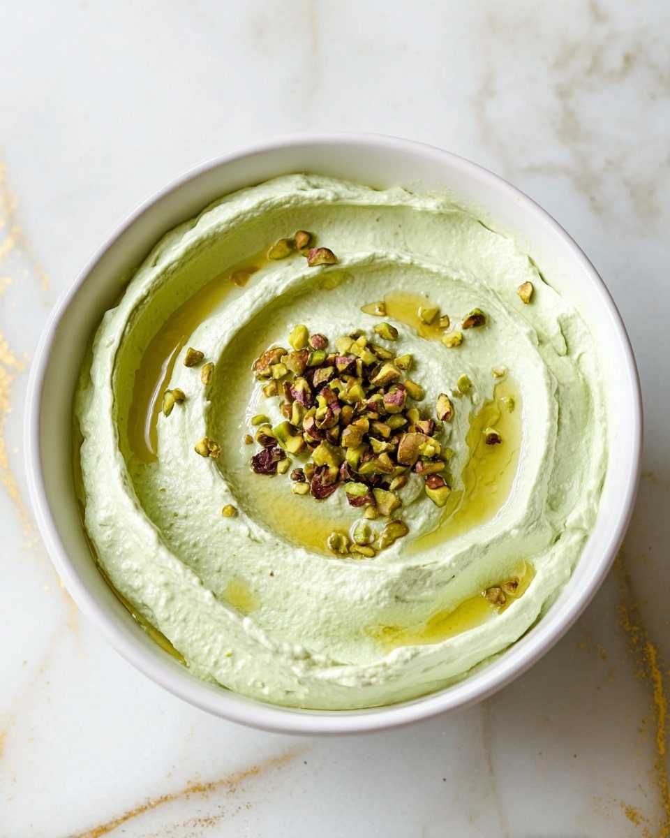 A white bowl filled with a single thick layer of light green creamy dip, swirled smoothly with gentle peaks creating a spiral pattern. In the center of the dip, there is a small pile of rough-chopped pistachios with a mix of green and brown hues. A thin drizzle of golden oil follows the swirl shape around the pistachios, adding shine and contrast to the creamy texture. The bowl sits on a white marbled surface with delicate gold streaks. Photo taken with an iphone --ar 4:5 --v 7