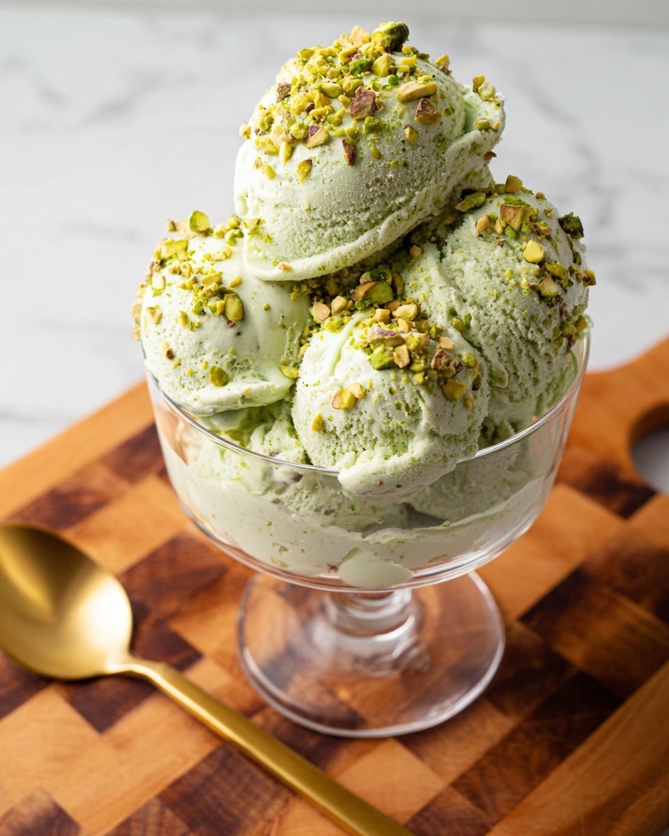 A clear glass dessert cup is filled with multiple scoops of light green ice cream, each scoop generously sprinkled with bright green crushed pistachio nuts, creating a crunchy texture contrast. The ice cream has a creamy and slightly rough surface, and the scoops are stacked high, almost overflowing from the cup. The dessert cup is placed on a wooden checkered board with warm brown and light wood tones, and a gold spoon lies next to it, all set against a white marbled texture. photo taken with an iphone --ar 4:5 --v 7