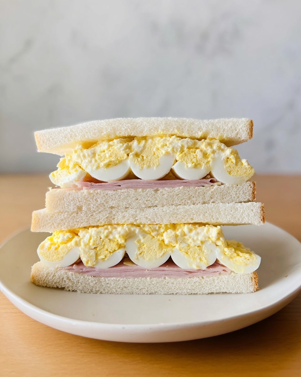 Two triangular egg salad sandwiches are stacked on a white plate, placed on a light wooden table with a white marbled background. Each sandwich has three layers: the outer layers are soft, white bread slices with a smooth texture, and inside there is a thick yellow and white egg salad filling mixed with chunks of cooked egg whites and yolks. Beneath the egg salad, a thin layer of light pink ham or meat is visible. The sandwiches are cut so the fillings are clearly seen, showing soft bread, creamy egg salad, and thin meat layer in the middle. Photo taken with an iphone --ar 4:5 --v 7
