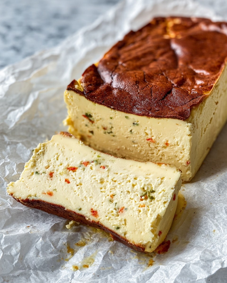 The image shows a thick, rectangular cheesecake with a deeply browned, slightly wrinkled top layer. Beneath this, the main body is a creamy, pale yellow layer with a smooth, soft texture and small scattered orange and green bits inside, indicating some added ingredients. A slice has been cut from the cake and laid slightly forward, revealing the consistent thickness and creamy inside texture with a light golden edge on the bottom and side. The cheesecake rests on crumpled white baking paper over a white marbled surface. photo taken with an iphone --ar 4:5 --v 7