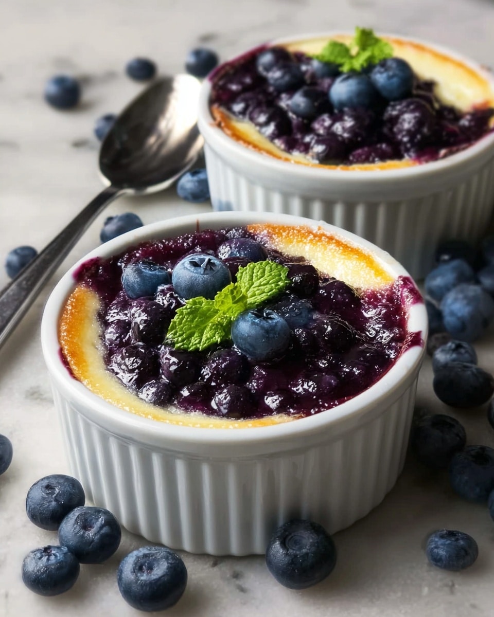 Two white ramekins filled with a dessert that has three visible layers: a browned top edge layer, a creamy pale yellow middle layer, and a deep purple blueberry layer covering most of the surface. Fresh blueberries and a small mint leaf are placed on top of the blueberry layer in each ramekin. Around the ramekins are scattered fresh blueberries, and a silver spoon rests near one ramekin. The white ramekins sit on a white marbled surface. photo taken with an iphone --ar 4:5 --v 7