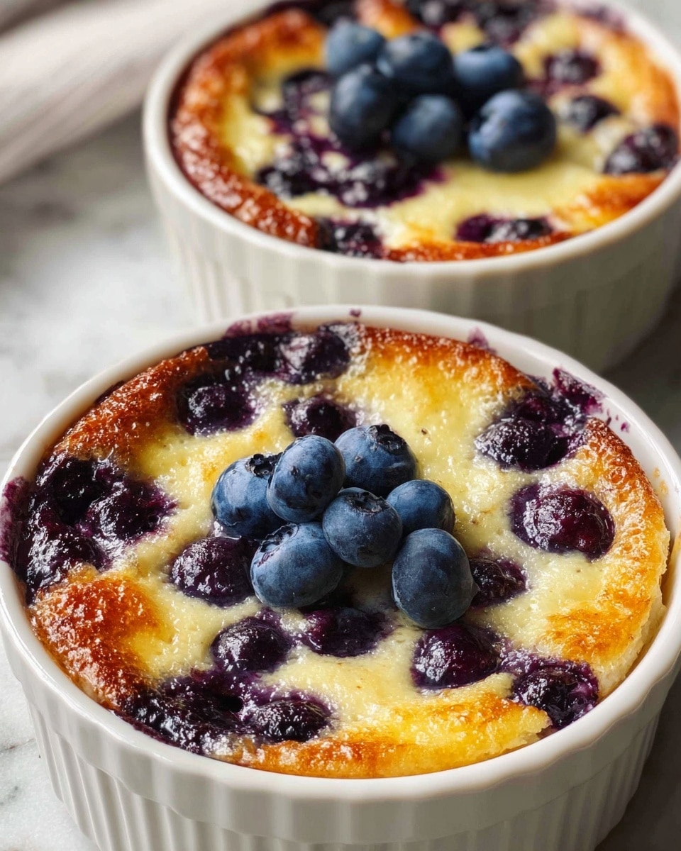 Two small white ramekins filled with blueberry clafoutis sit on a white marbled surface, each showing a golden-brown baked top with scattered dark purple blueberries baked into the creamy, slightly bubbly custard. The top is textured with soft, slightly caramelized edges around the blueberries, while a small pile of fresh, plump, bright blue blueberries rests prominently in the center of each ramekin. The dish looks warm and inviting, with a moist, custardy layer beneath the berries visible near the sides of the ramekins. Photo taken with an iphone --ar 4:5 --v 7