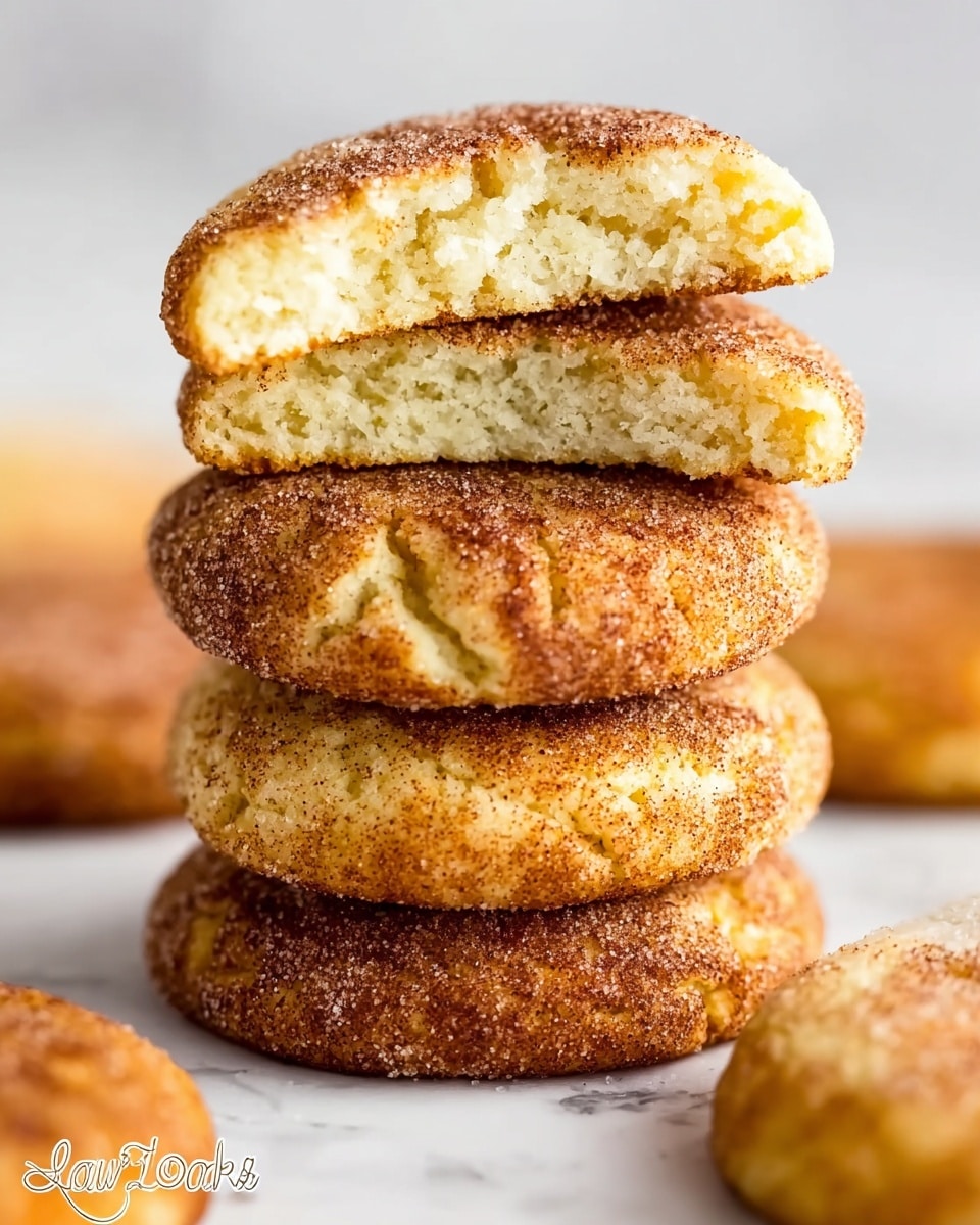 A stack of five round, cracked cookies with a golden-brown outer layer coated in cinnamon sugar, showing a soft and moist light yellow inside in the top two cookies that are broken in half and placed on top. Each cookie displays a rough texture with visible sugar crystals and cracks on the surface. The cookies are placed on a white marbled surface with slight blurred cookies in the background. Photo taken with an iphone --ar 4:5 --v 7
