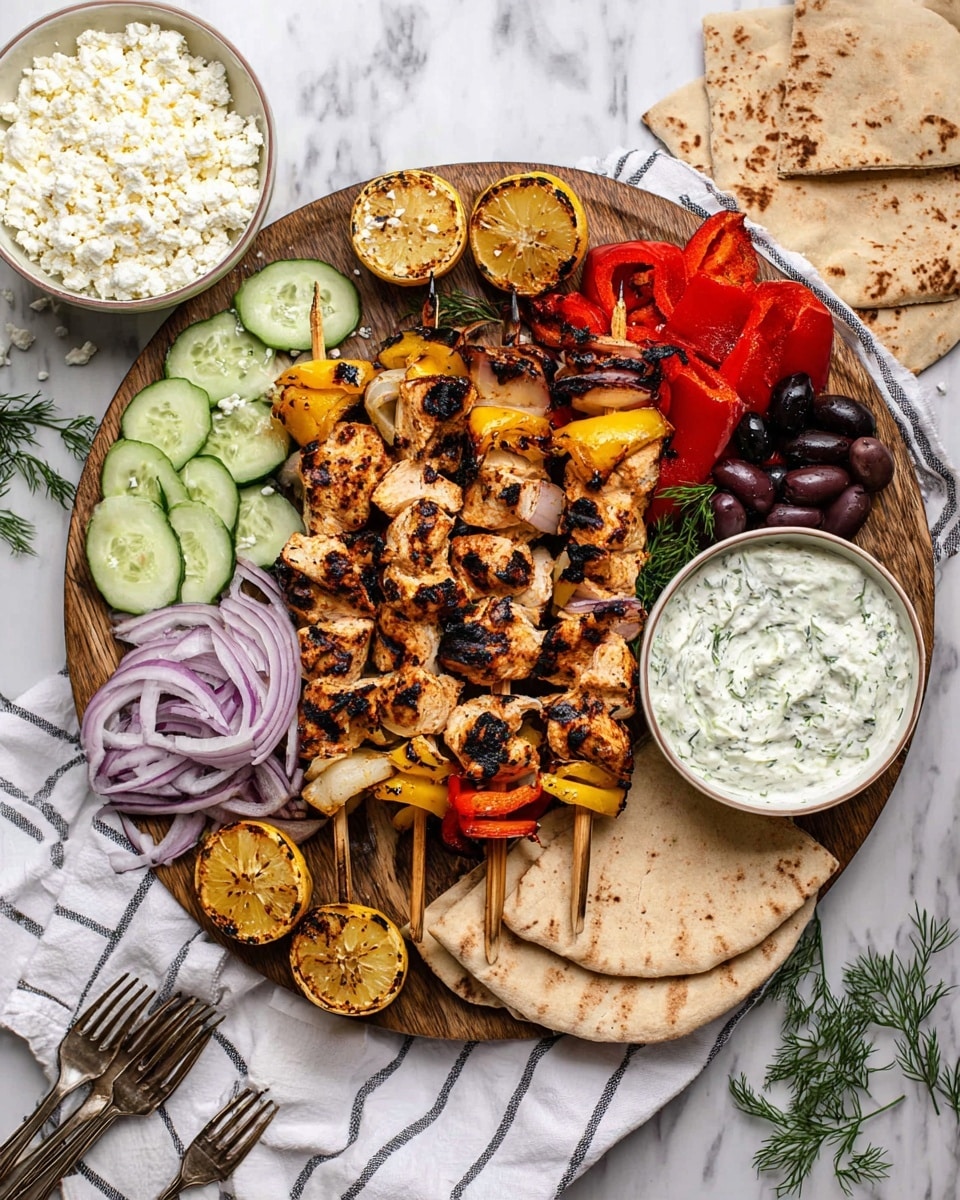 A round wooden board holds six grilled chicken skewers with char marks, each skewer layered with chunks of chicken and red and yellow bell peppers. The board is arranged with thin slices of cucumber in a layer at the top right, bright red bell pepper slices beside them, and black olives scattered around the edges. On the top left, a white bowl is filled with crumbly white feta cheese. Below the skewers, there are several pieces of folded brown pita bread. Thin rings of red onion lay to the bottom left of the skewers next to two grilled lemon halves with dark char lines. The board is on a white marbled surface with a white cloth that has thin dark stripes beneath it, with a small white plate on the side holding three forks. In the top left corner, there is a white bowl with a creamy sauce that has green herb pieces on top. photo taken with an iphone --ar 4:5 --v 7