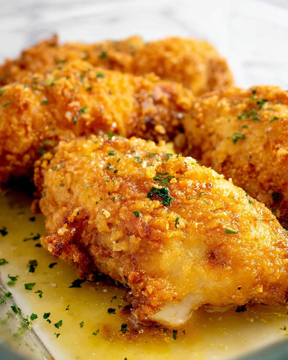 The image shows three pieces of golden brown fried chicken, each with a thick, crunchy, and textured breaded coating. The chicken pieces are arranged close together on a clear dish, resting in a shallow pool of melted butter or oil that glistens beneath them. Small green herb flakes are sprinkled on top of the chicken and around the dish, adding a pop of color. The close-up view emphasizes the crispy crust and juicy interior visible in parts where the coating thins. The background has a white marbled texture. photo taken with an iphone --ar 4:5 --v 7
