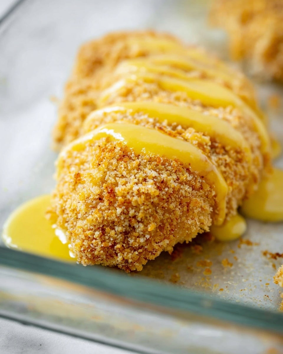 A close-up image of a single breaded chicken piece coated in light golden breadcrumbs, placed in a clear glass baking dish on a white marbled texture surface. The chicken is topped with melted yellow butter sauce that is drizzled unevenly, creating a shiny, smooth texture on top of the crispy crumb layer. The chicken piece has a slightly rounded, organic shape with visible coarse crumb texture, and a small drip of butter sauce is pooling on the dish below it. The background is softly blurred to keep focus on the chicken piece. photo taken with an iphone --ar 4:5 --v 7