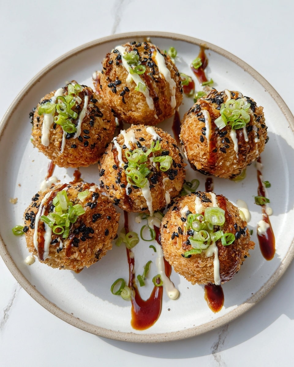 Six round, crispy rice balls are arranged on a white plate with a slight rim. Each rice ball has a golden-brown crust mixed with black sesame seeds, giving a crunchy look. They are drizzled with thin lines of white mayo sauce and thicker dark brown sauce. On top of each ball are small pieces of fresh green chopped spring onions. The plate sits on a surface with a white marbled texture, with some sauce drops spilled around the balls, creating a casual, tasty appearance. photo taken with an iphone --ar 4:5 --v 7