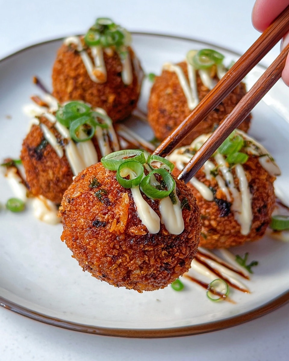 The image shows five round, crunchy balls with a textured, golden-brown crust, arranged on a white plate with a simple trim. Each ball is topped with a thin drizzle of creamy white sauce and a few rings of fresh green onions, adding a pop of color. There are also dark brown sauce streaks on the balls that make them look glossy and flavorful. One ball is held close to the camera between a pair of chopsticks held by a woman's hand, highlighting its detailed, rough coating and green onion garnish. The background is a white marbled texture that brightens the scene. photo taken with an iphone --ar 4:5 --v 7