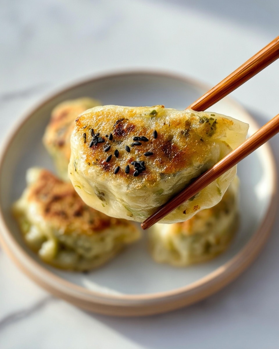 A close-up of a light golden brown pan-fried dumpling held by wooden chopsticks, showing a slightly crispy, textured outer layer with hints of green herbs and black sesame seeds on top. In the background, two more dumplings sit on a white plate with a gentle rim, all placed on a white marbled surface with soft natural lighting. The dumpling’s surface looks slightly translucent with uneven browning, making it look fresh and appetizing. photo taken with an iphone --ar 4:5 --v 7