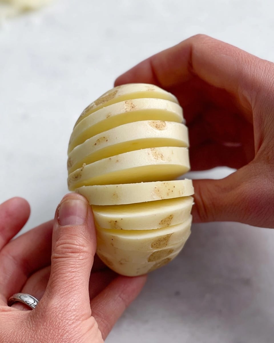 A close-up image shows two hands holding a small, peeled potato that is thinly sliced almost all the way through, creating 9 evenly spaced, light cream-colored layers that remain connected at the bottom. The potato has a smooth texture with a slight shine, and the background is a clean white marbled surface. The hands have a natural skin tone, one of them wears a simple silver ring, and the focus is sharp on the sliced potato. Photo taken with an iphone --ar 4:5 --v 7