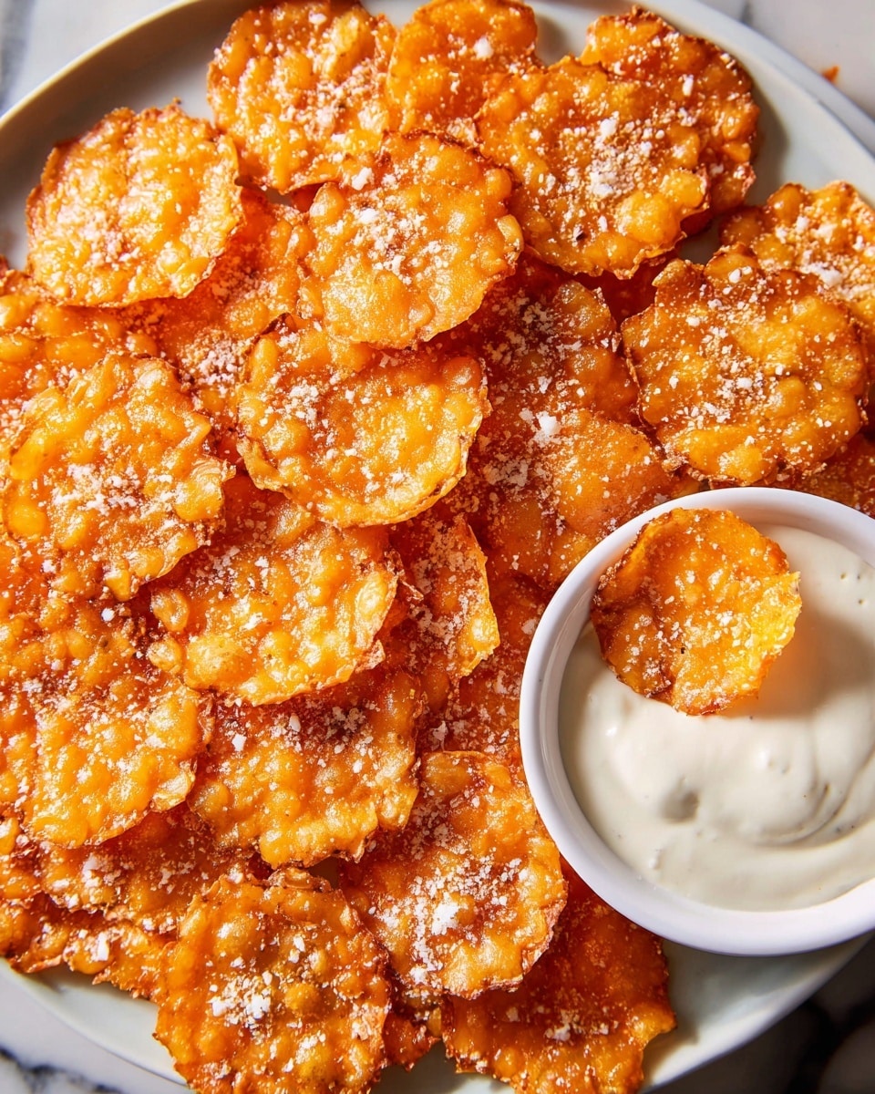 A close-up view of many small, round, orange cheddar cheese crisps arranged in a loose pile on a white plate, each crisp showing a bubbly, slightly browned texture with a sprinkling of white grated cheese on top; near the top right, a small white bowl filled with creamy, smooth ranch dip sits on the plate, with one crisp resting on the bowl's edge. The background is a white marbled surface. Photo taken with an iphone --ar 4:5 --v 7