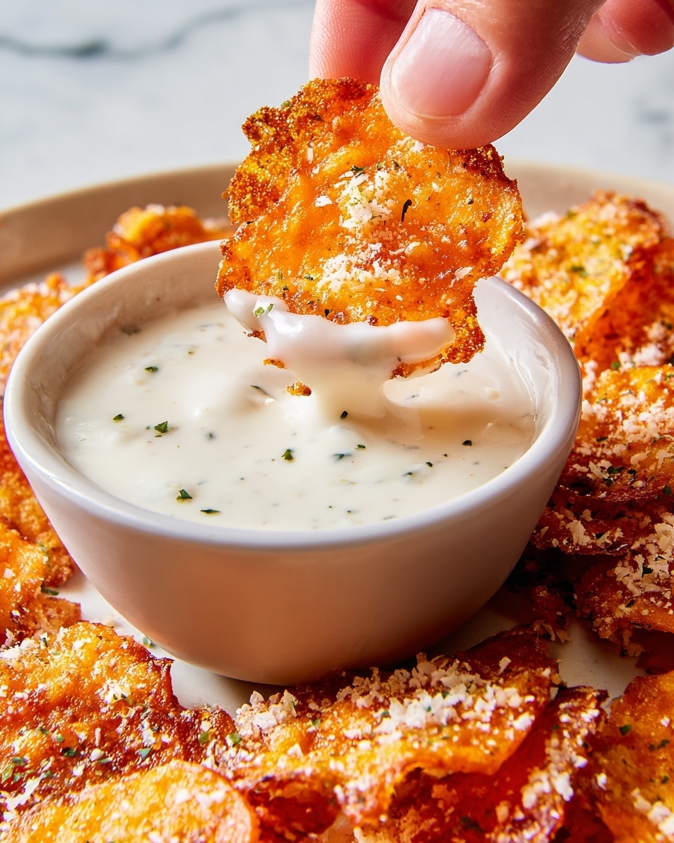 A close-up shows a woman's hand holding a bright orange, crispy chip sprinkled with Parmesan cheese as it is dipped halfway into a small, white ceramic bowl filled with creamy white ranch dressing speckled lightly with herbs. Around the bowl, many more chips with rough, crunchy textures and golden brown edges are scattered on a white marbled surface, some overlapping with a sprinkle of cheese bits on them. The colors contrast between the orange chips and the smooth white dip, creating a vibrant and appetizing scene. photo taken with an iphone --ar 4:5 --v 7