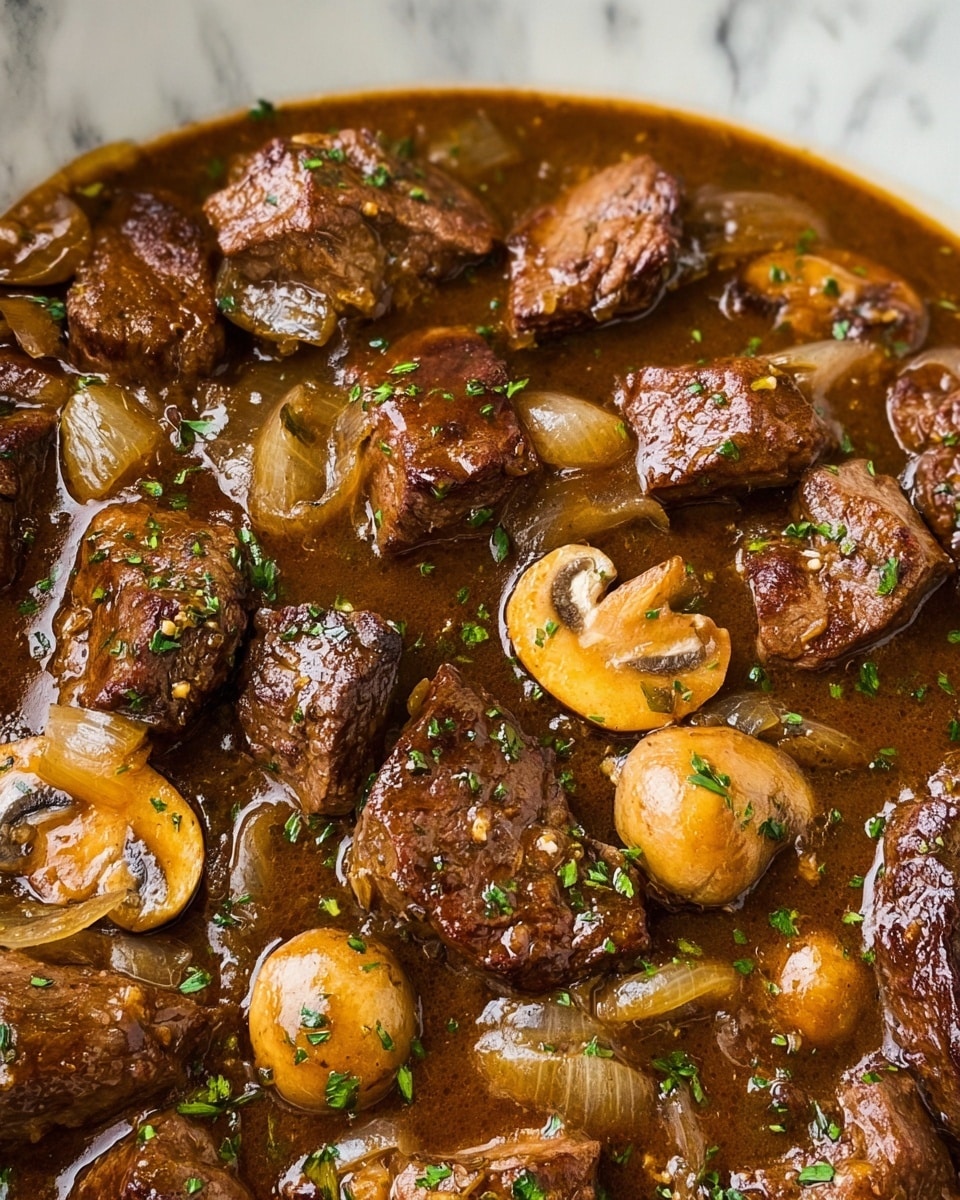 A close-up view of a stew dish showing layers of tender, browned beef chunks scattered throughout, surrounded by thick brown gravy with a glossy texture. There are light brown sautéed onion slices and beige mushroom pieces mixed evenly in the sauce. Small green herb flakes are sprinkled on top, adding a fresh touch of color contrast to the warm, rich browns of the meat and gravy. The dish is set against a white marbled texture background. photo taken with an iphone --ar 4:5 --v 7