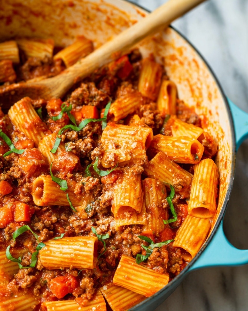 A close-up view of a pan filled with rigatoni pasta coated in a rich red meat sauce, with visible ground meat pieces and small diced carrots mixed throughout. The rigatoni is cooked and lightly textured with ridges, evenly covered by the sauce. Fresh green basil strips are sprinkled on top, adding a touch of color contrast. The inside walls of the light blue pan have sauce stains, showing it was cooked directly in it. A wooden spoon with some orange sauce residue rests partially inside. The background features a white marbled texture. photo taken with an iphone --ar 4:5 --v 7