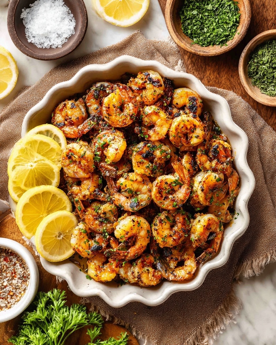 A white scalloped bowl filled with one layer of grilled shrimp, each shrimp golden with slight char marks and sprinkled with finely chopped green herbs. Bright yellow lemon wedges are placed on the left side inside the bowl, adding a fresh contrast. Around the bowl, there are small white dishes holding coarse salt, a seasoning mix, and chopped herbs, all set on a soft brown cloth over a white marbled surface. The colors are warm and inviting, showing a well-seasoned, cooked seafood dish ready to be served, photo taken with an iphone --ar 4:5 --v 7