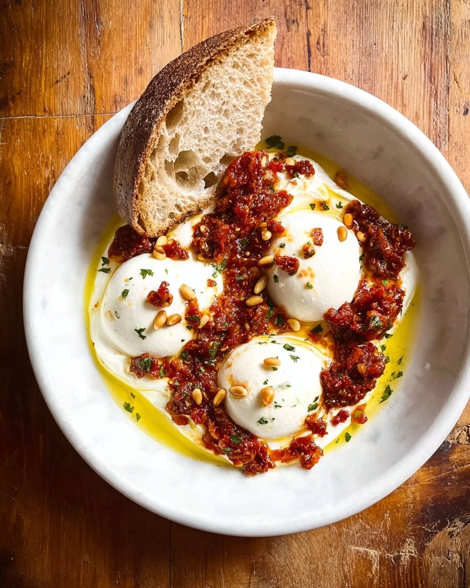 A white bowl on a white marbled surface holds three round white burrata cheese balls, each smooth and creamy in texture, sitting in a pool of golden olive oil. Spread across and around the cheese is a chunky, deep red tomato mixture combined with small pine nuts scattered on top. A triangular slice of rustic sourdough bread leans inside the bowl against the cheese. The bowl and ingredients contrast with the rough wooden table partially visible beneath the bowl. Photo taken with an iphone --ar 4:5 --v 7